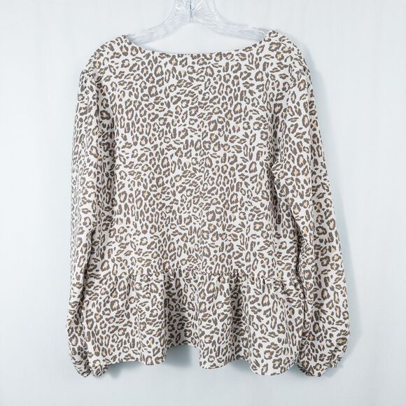 Nine West Leopard Animal Print V Neck Peplum Blouse Womens Large Crepe Chiffon - Picture 2 of 14